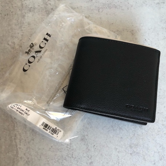 Coach Mens 3 In 1 Sport Calf Leather Wallet Black - Picture 4 of 10